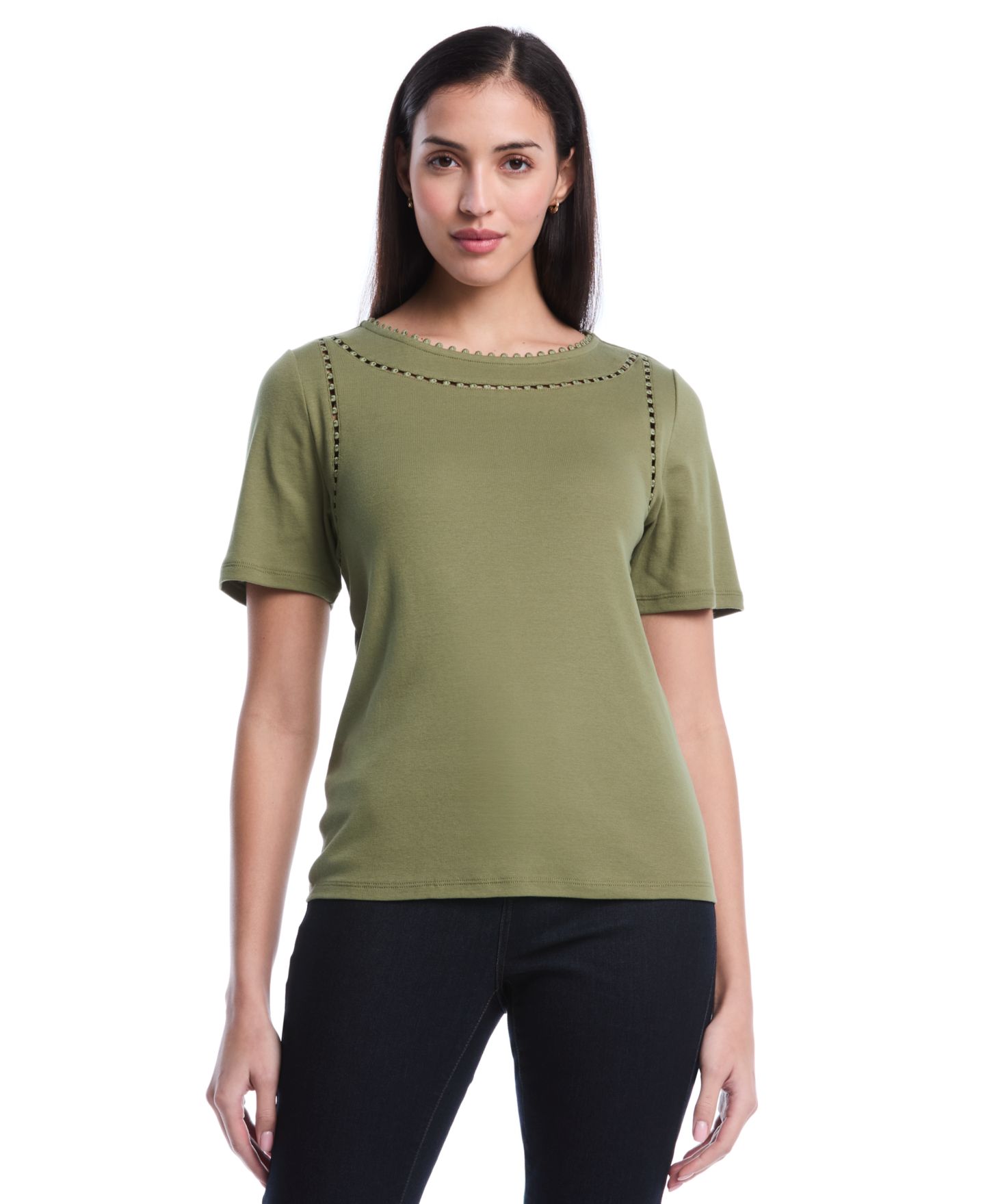 Женский топ Rafaella Petite Pom Trim Detail Short-Sleeve, цвет: Тёмно-зелёный — фото 2