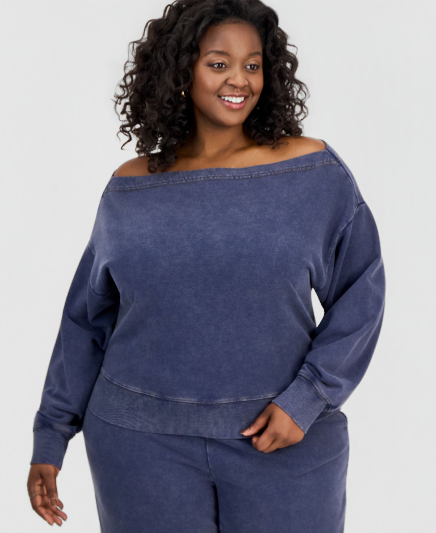 Женская толстовка And Now This Trendy Plus Size French Terry Off-The-Shoulder, цвет: Индиго — фото 1
