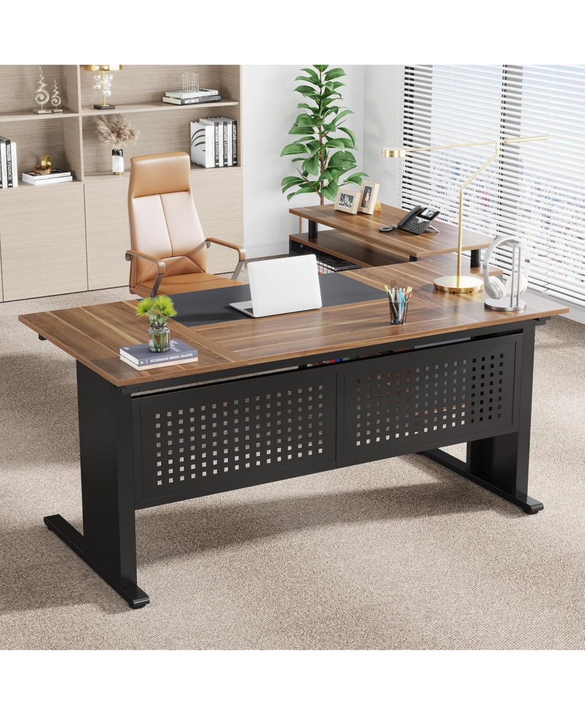 Tribesigns 63 Inch Executive Desk with File Cabinet, Large Office L Shaped Computer Desk, Business Furniture Workstation