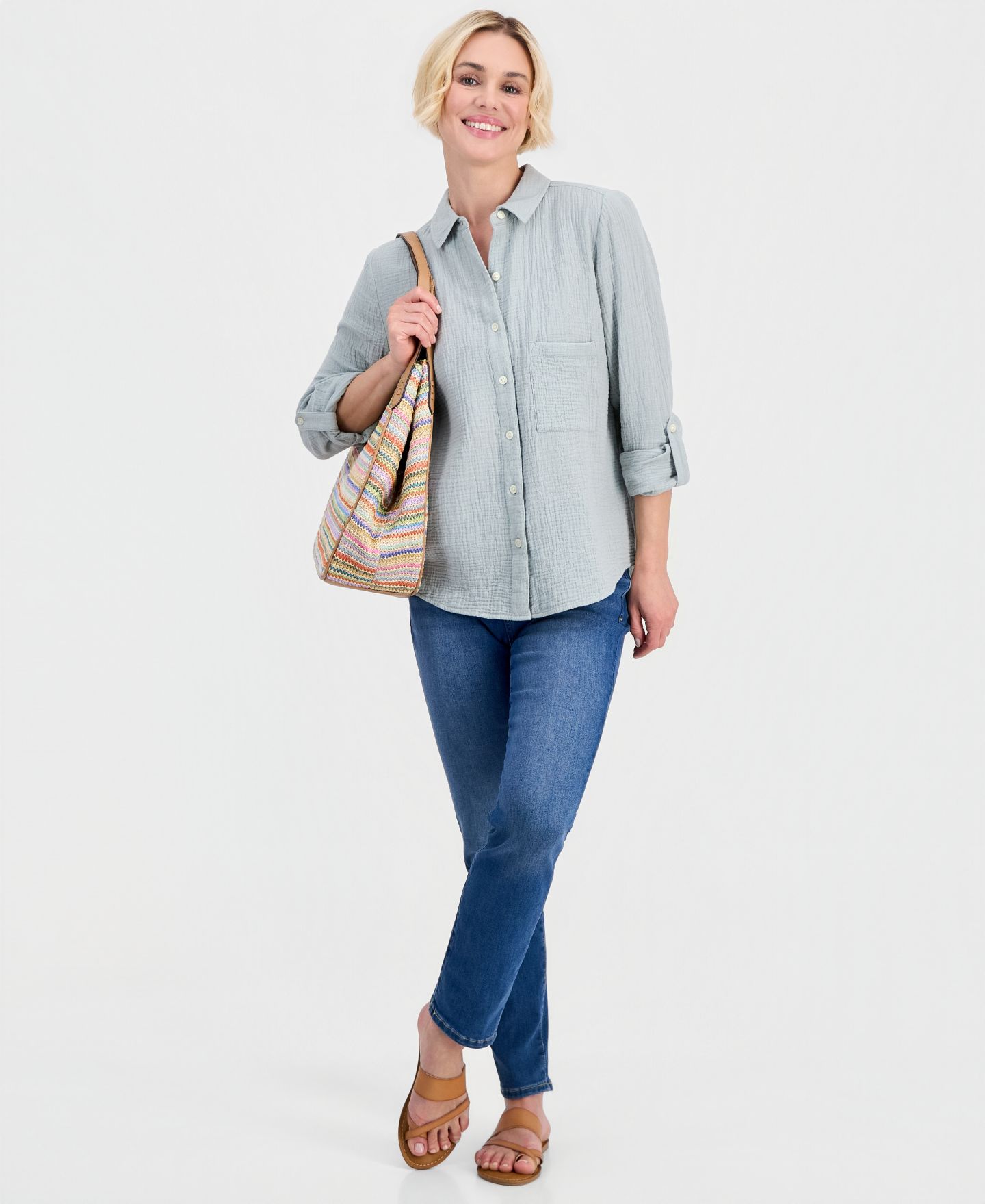 Женская рубашка Style & Co Petite Perfect Button-Front Roll-Tab Cotton, цвет: Состаренный шалфейный — фото 3