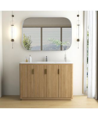  Modern Bathroom Vanity with Integrated Ceramic Sink, Striped Wood Four Doors, Large Storage Cabinet for Contemporary Home