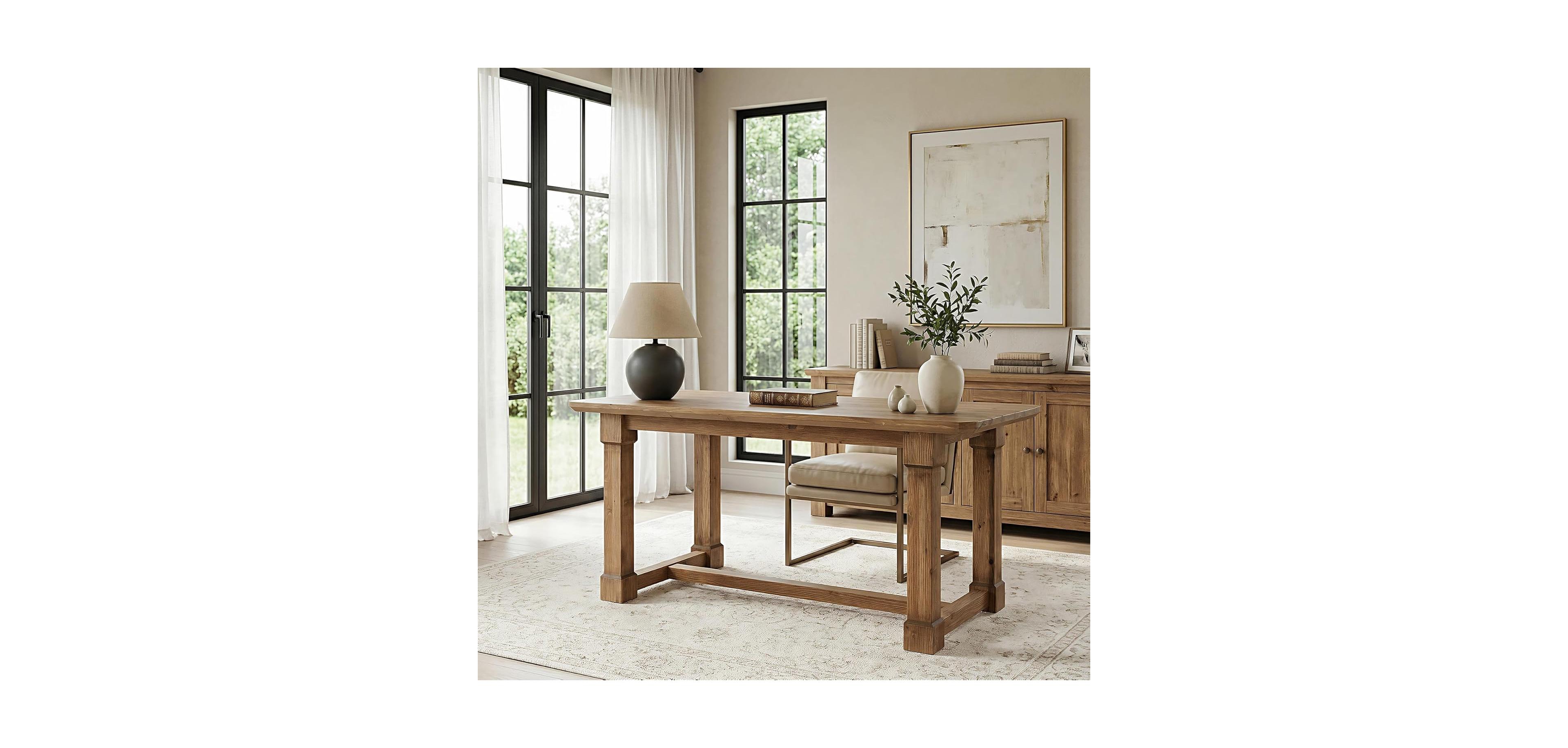 Tribesigns 63" Solid Wood Executive Desk, Thick Wooden Office Computer Desk, Rustic Farmhouse Workstations Writing Conference Table