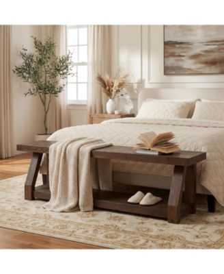 63" Solid Wood Bench, 2-Tier Entryway Bench with Shoe Storage, Rustic Hallway Accent Benches