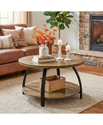 Round Coffee Table, 31.5" Wooden Center Table with 2-Tier Storage Shelves, Farmhouse Small Circle Cocktail Table