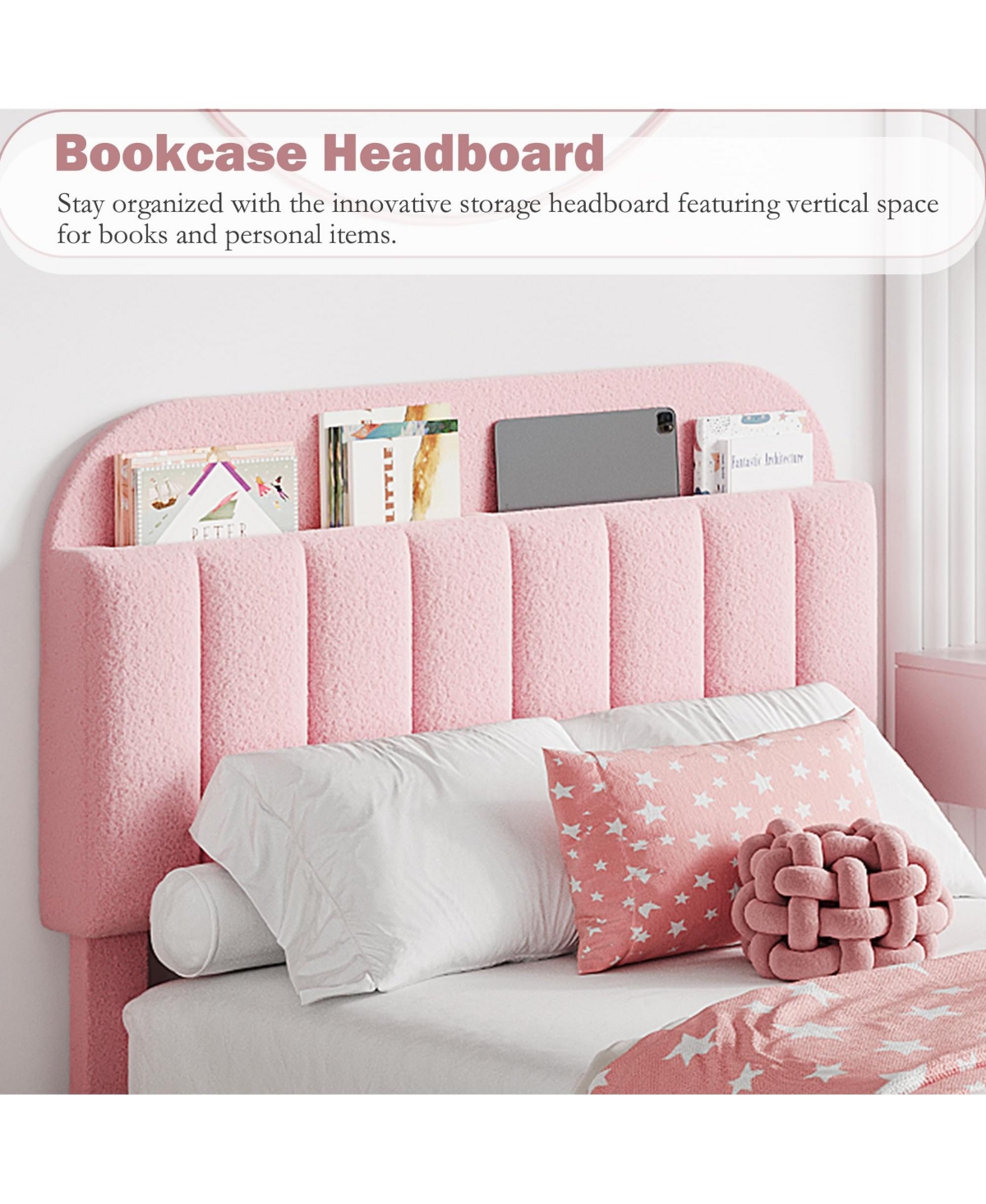 homfan Twin Bed Frame with 2 Drawers, Boucle Upholstered Bed with Bookcase Headboard, Kids Bed, Easy Assembly, No Box Spring, Noise Free