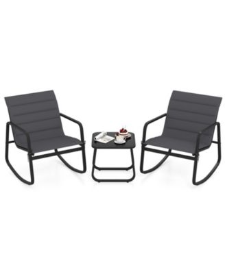 3PCS Outdoor Rocking Bistro Set w/Tempered Glass Table Soft Cushions for Garden