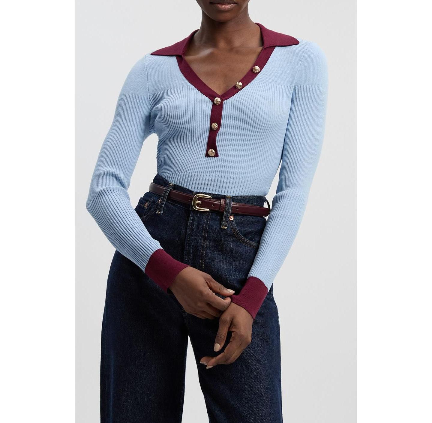Женский топ Karen Millen Rib Knit Contrast Hem Collared, цвет: Светлый синий — фото 5