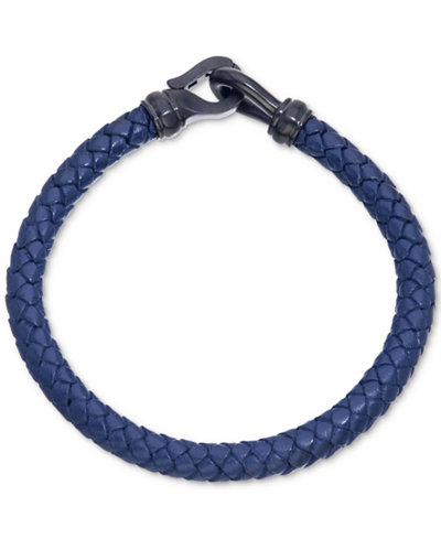 Esquire Men's Jewelry Navy Leather Bracelet in Black IP over Stainless Steel, Only at Macy's