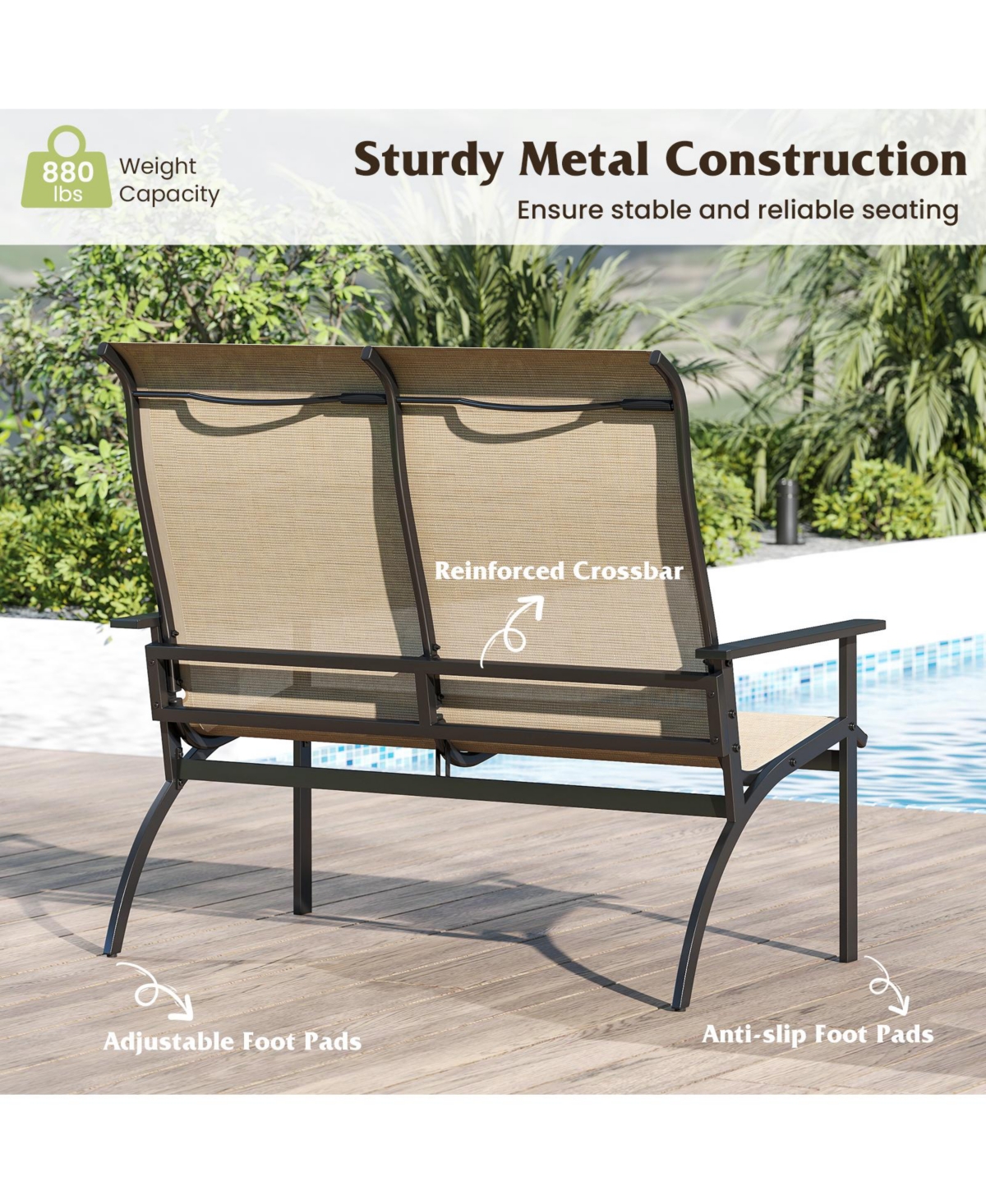 Slickblue Outdoor Garden Bench for 2 Person with High Back and Armrests