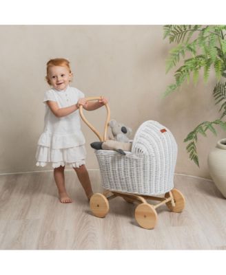 Colette Handcrafted Rattan Doll Stroller with Wooden Wheels and Toy Mattress - Wicker