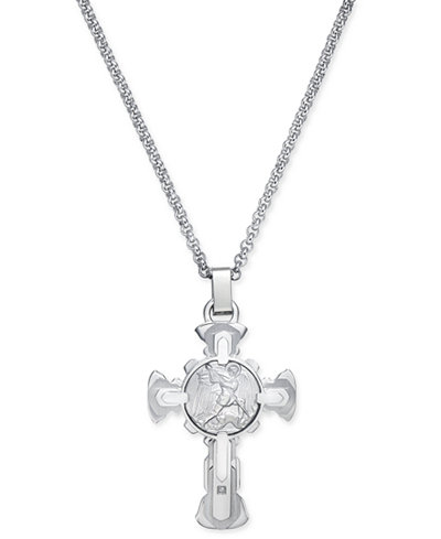 Men's Diamond Accent St. Michael Cross Pendant Necklace in Stainless Steel