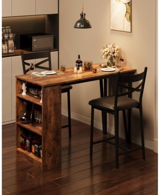 Bar Table and Chairs Set, 3 Piece Bar Table Set with with Flip Top Extension and Storage Shelves, Dining Table Set for 2