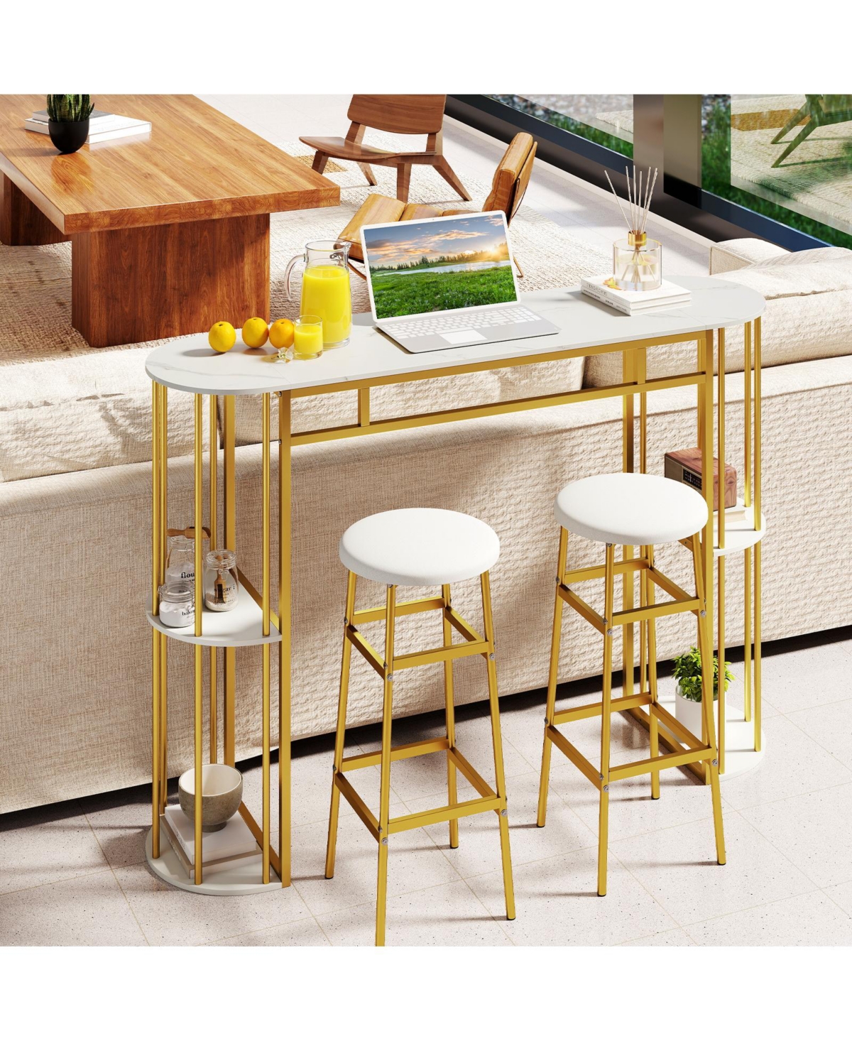 Gymax 60'' Long Bar Table Narrow Pub Table Faux Marble Tabletop and Storage Shelves