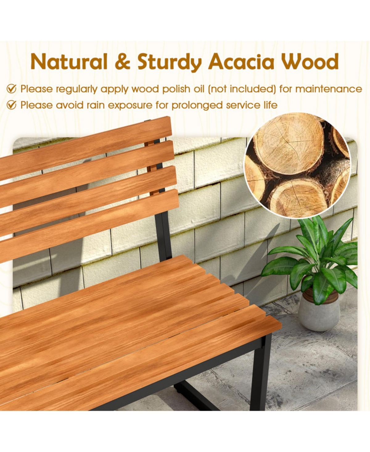 Sugift Acacia Wood Two-Person Outdoor Loveseat with Metal Frame
