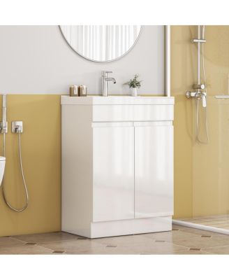 24 Inch Freestanding Bathroom Vanity with Ceramic Sink, Soft Close Doors, Modern Glossy White Srorage Cabinet