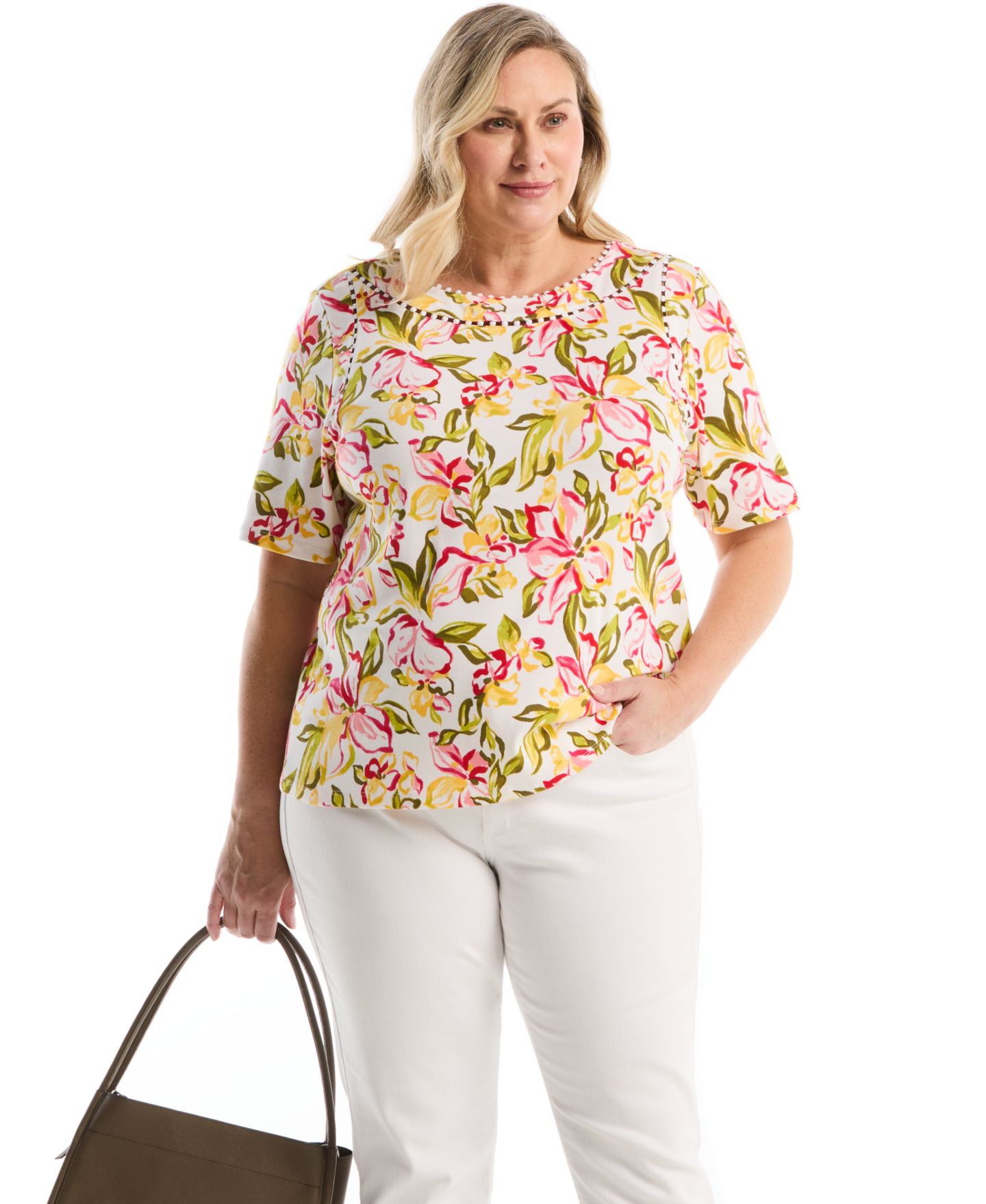 Женский топ Rafaella Plus Size Petal Print Pom Trim Detail Short-Sleeve, цвет: Белый — фото 3