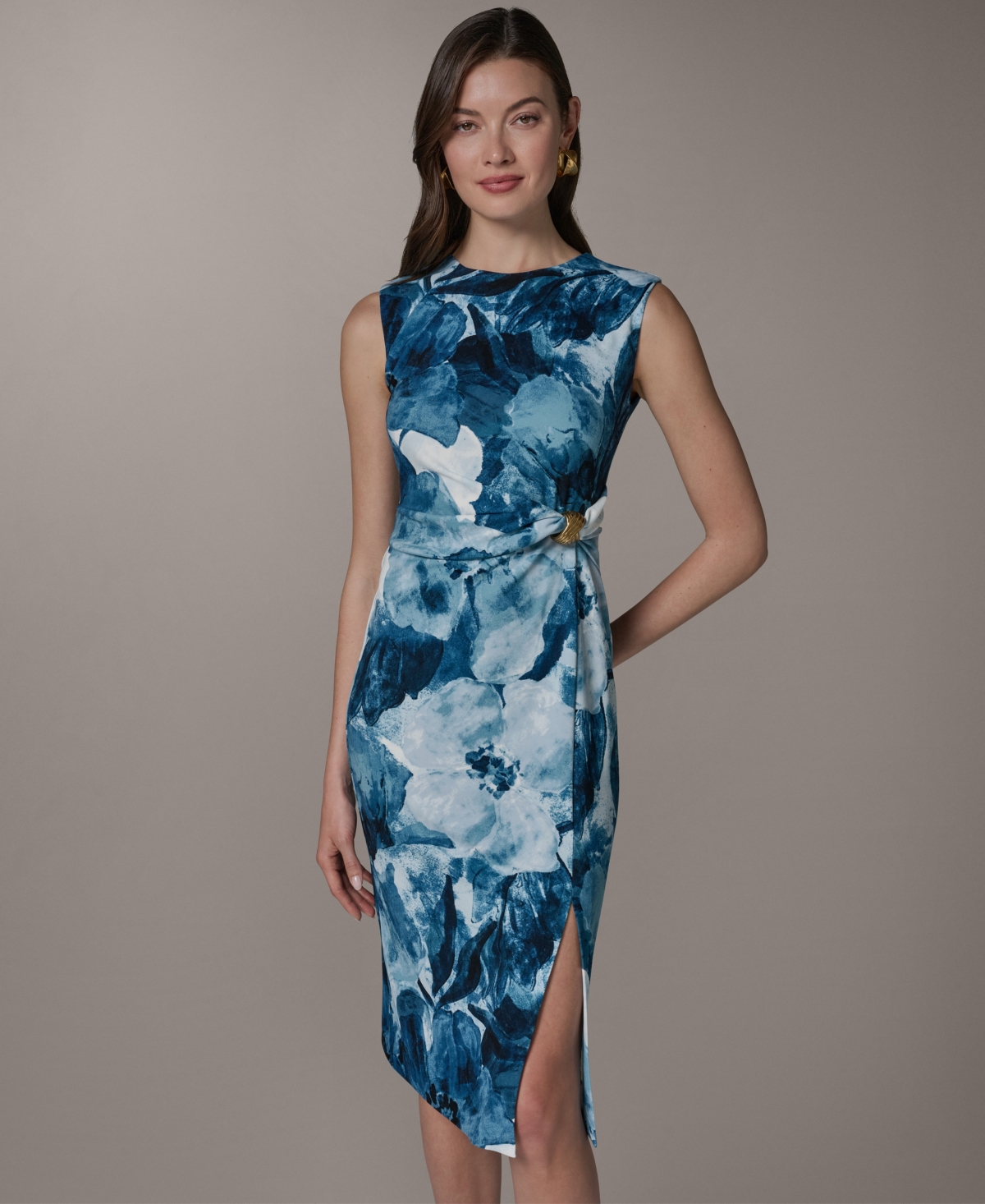 Donna Karan New York Women's Crewneck Sheath Ribbed Knot Sleeveless Midi Dress