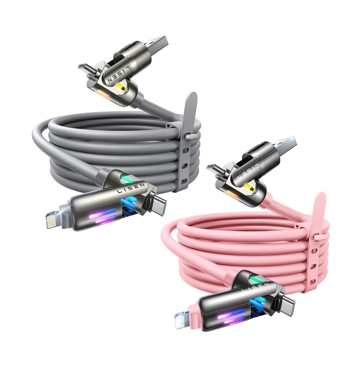 Lisen Chubby 240W 4-in-1 Charging Cable, Compatible with Usb-c and Lightning, 2-Pack - Pink