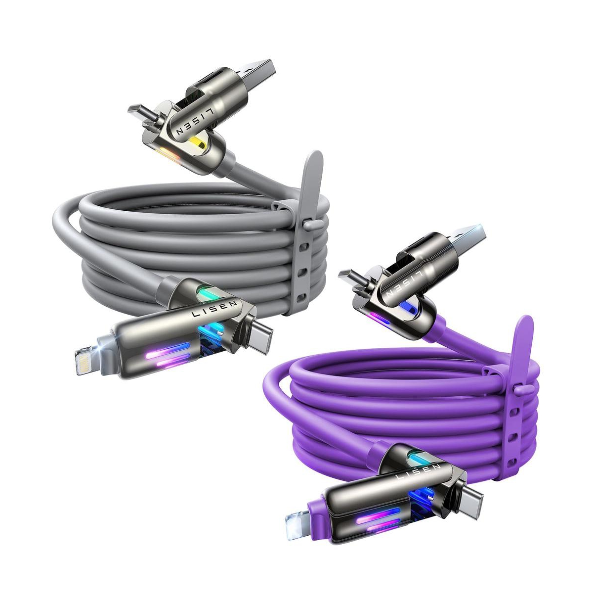 Lisen Chubby Cable 240W Fast Charging 4-in-1 Charging Cable, 2-Pack - Purple