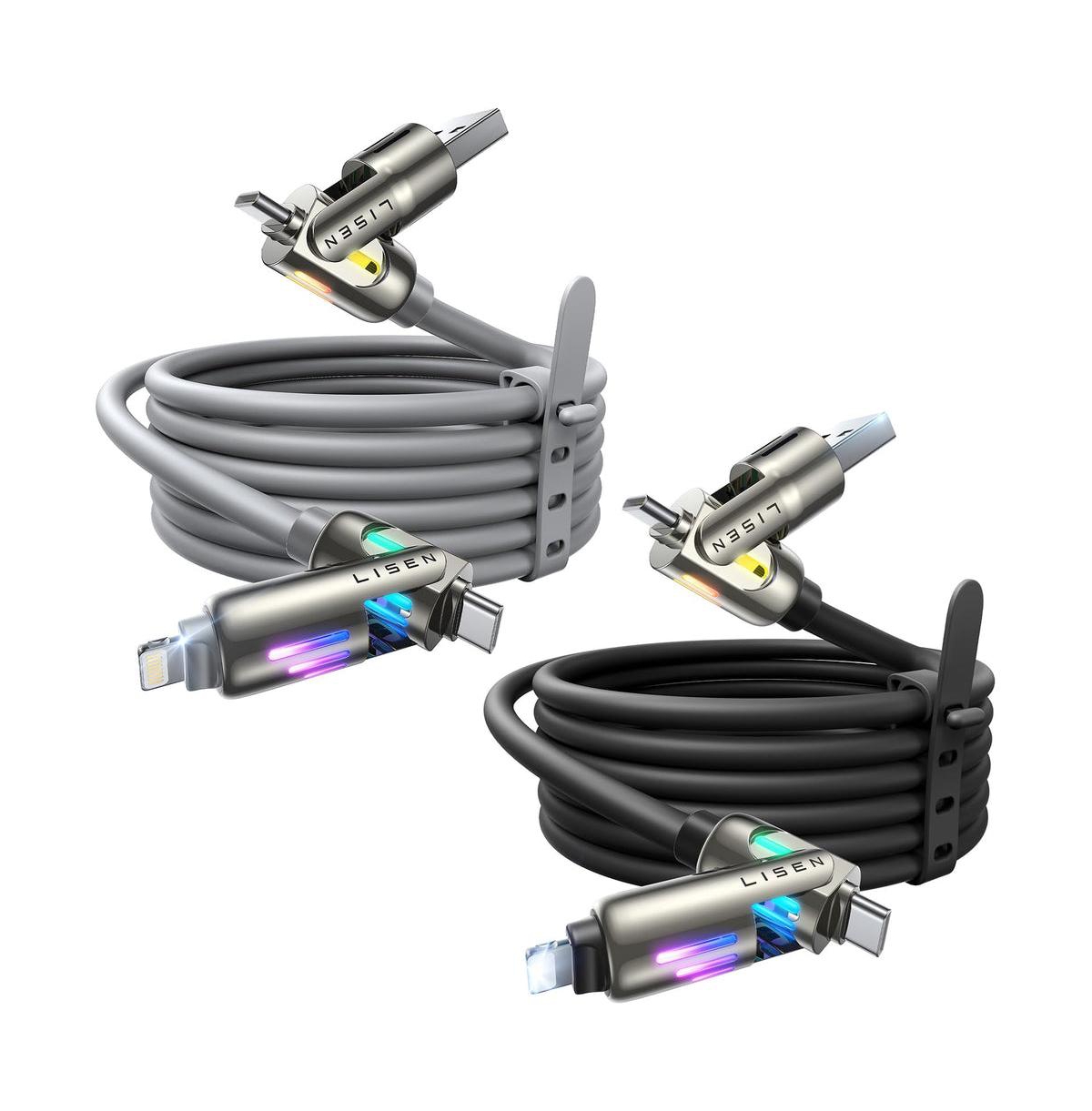 Lisen Chubby 240W 4-in-1 Charging Cable for Usb-c and Lightning Devices, 2-Pack - Grey