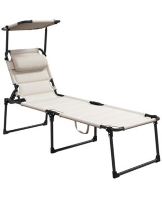 Outdoor Lounge Chair, Adjustable Backrest Folding Chaise Lounge, Cushioned Tanning Chair w/Sunshade Roof and Pillow Headrest
