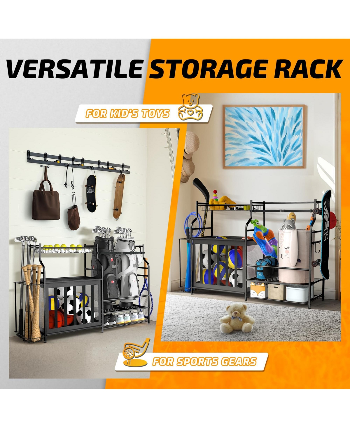 Mythinglogic Golf Bag Organizer Rack with Ball Storage, Shelf and Hooks for Garage Sports Gear