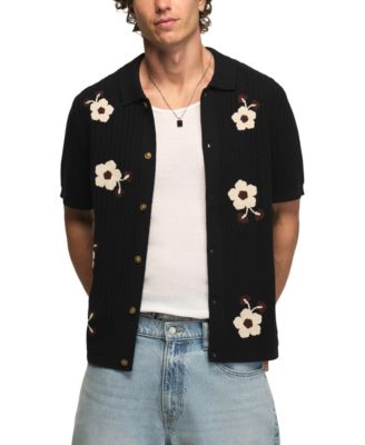 Men's Flower Embroidery Crotchet Button-Down Shirt