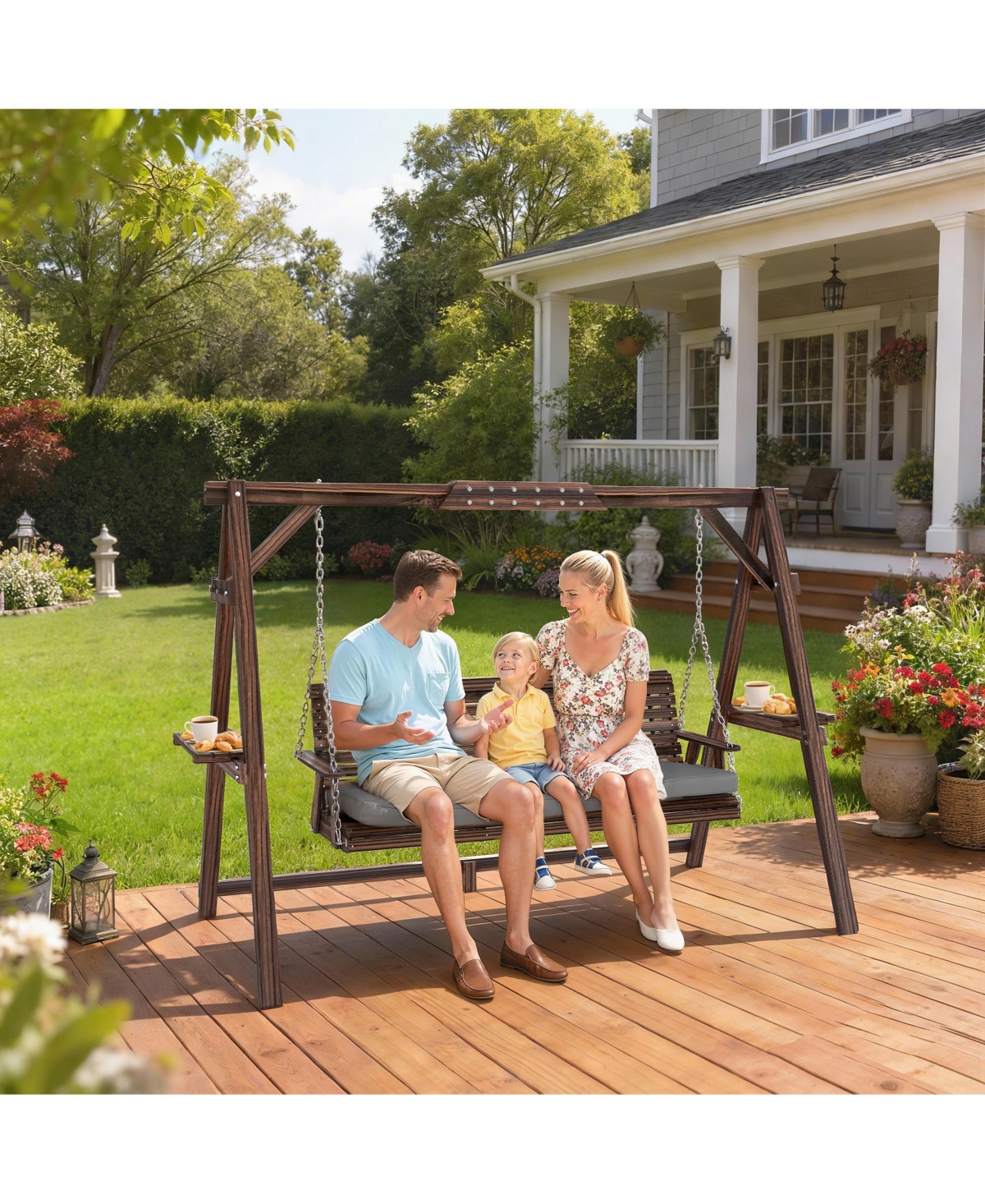 Outsunny 3 Seat Porch Swing with Cushion and Side Trays