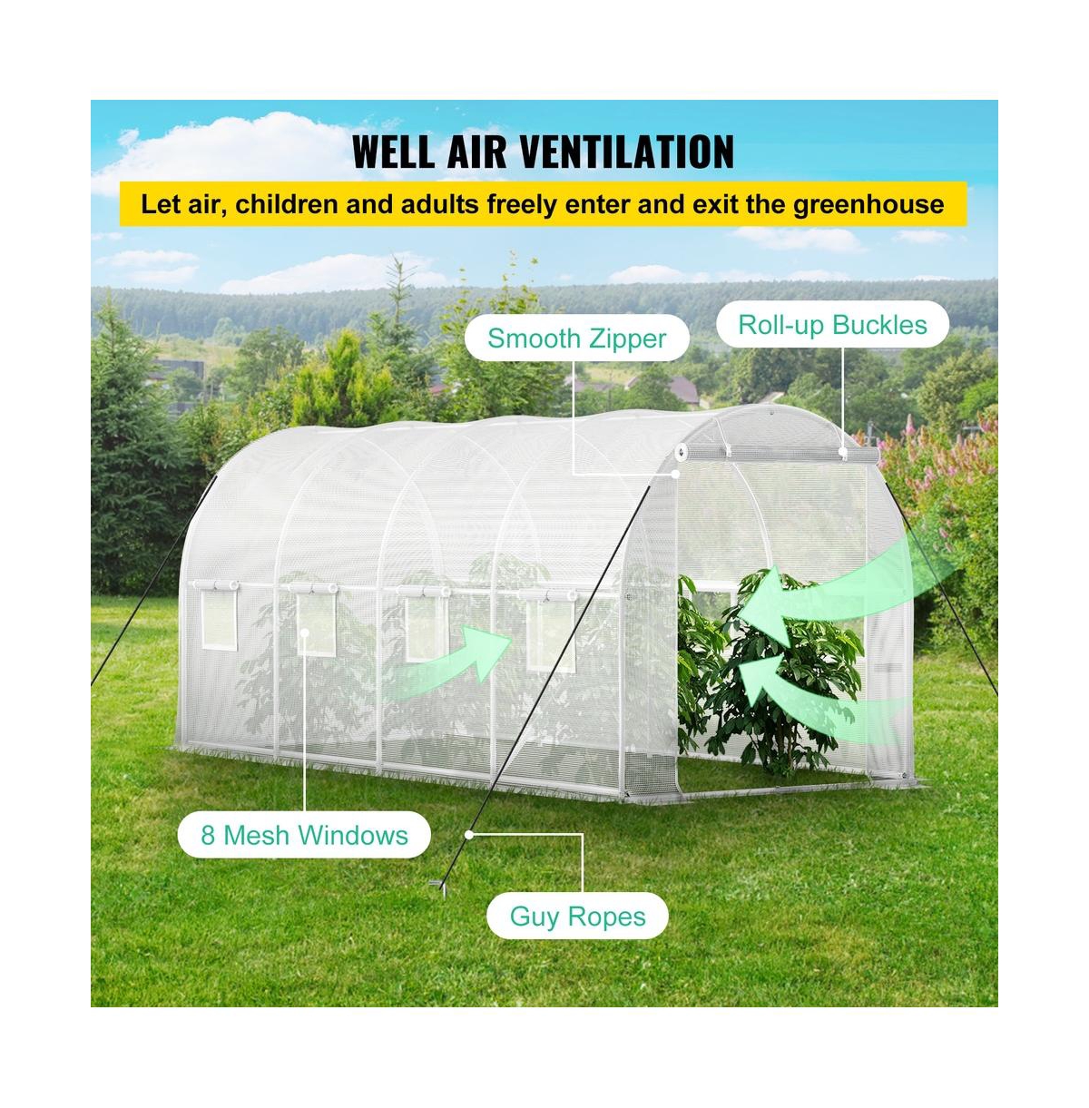 Sugift 15 x 6.5 x 7 ft Walk in Tunnel Greenhouse Galvanized Steel Frame 8 Roll Up Windows
