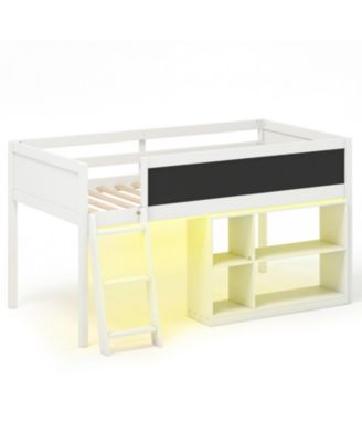 Wooden Kids Loft Bed with LED Lighting and Detachable Bookcase Organizer