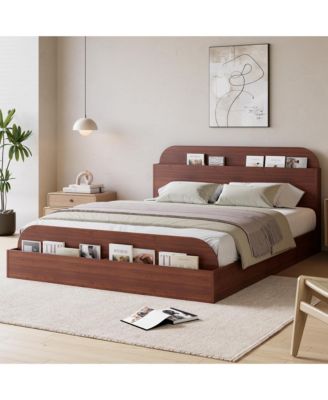Wooden Beds with Storage Headboard and Raised-Foodboard, Twin-Floor Low Platform Bed for Bedroom, Sturdy Wooden Slats Support