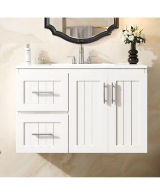 36 Inch Wall Mounted Bathroom Vanity with Ceramic Sink, Soft Close Drawers and Adjustable Shelf for Modern Small Spaces
