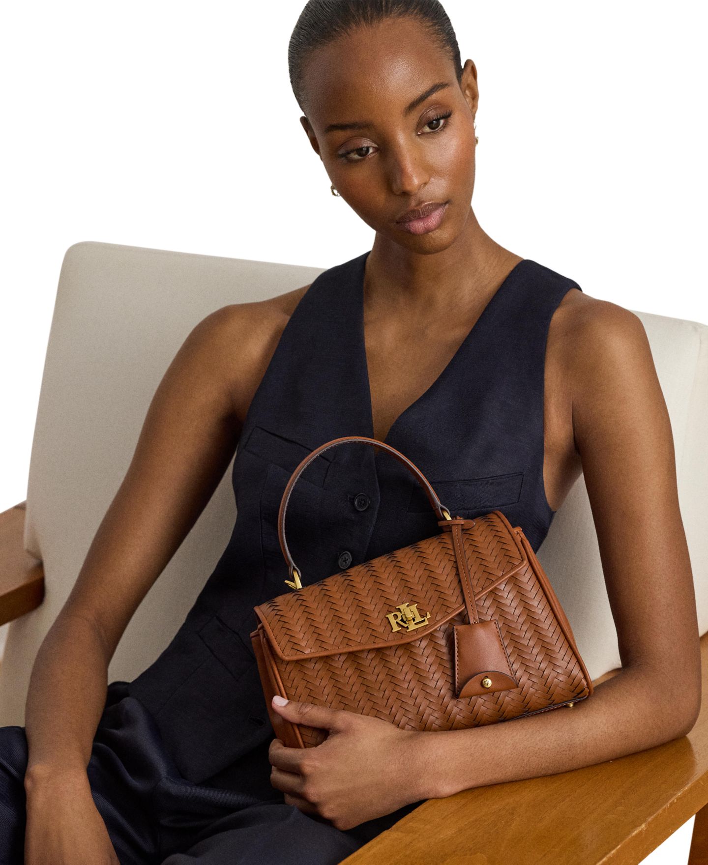 Женская сумка Lauren Ralph Lauren Farrah Woven Leather Small Satchel Handbag, цвет: Рыжевато-коричневый — фото 7