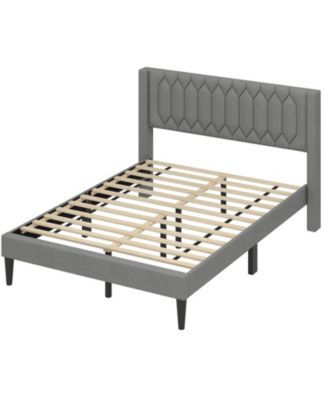Modern Upholstered Bed Frame with Wingback Headboard and Wooden Slats Support System