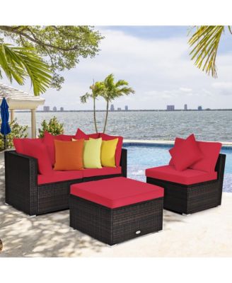 4PCS Patio Rattan Wicker Furniture Set Cushioned Sofa Ottoman Garden Deck