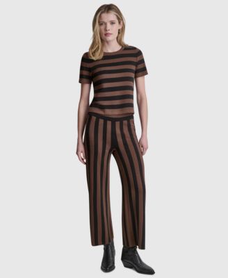 Women's Short-Sleeve Crewneck Striped Sweater and Pull-On Striped Ankle-Length Pants