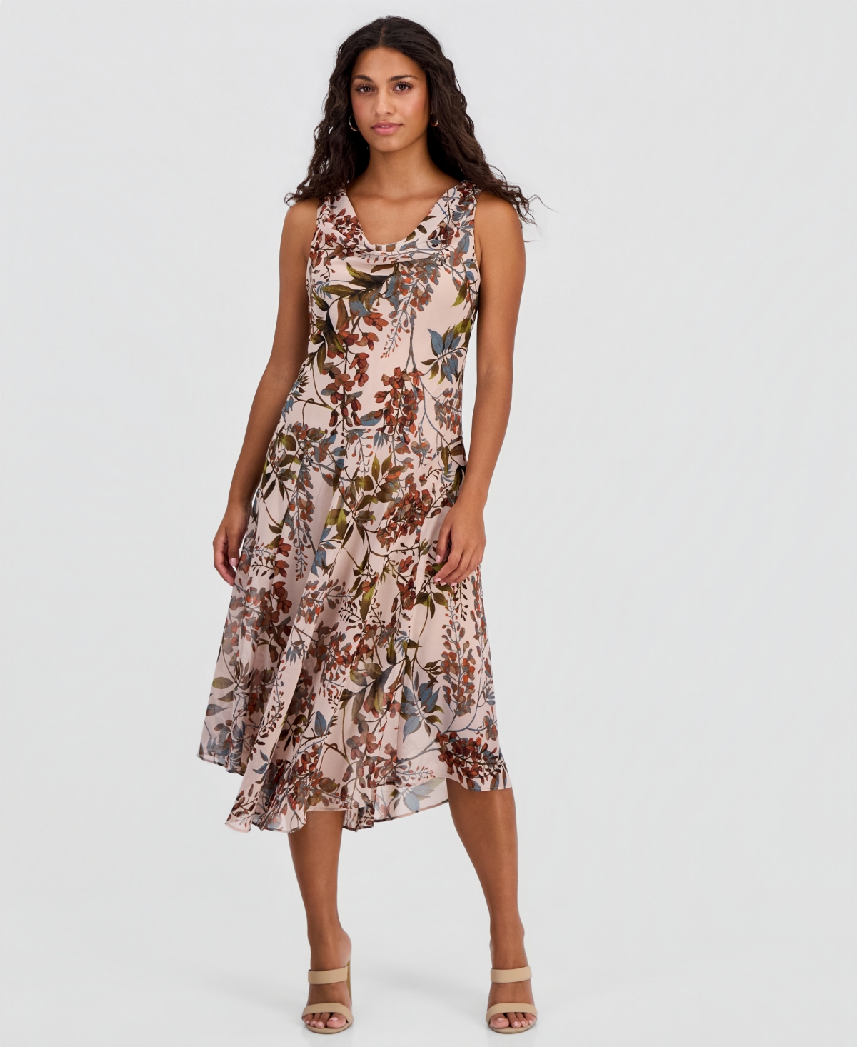 Robbie Bee Petite Printed Chiffon Drape-Neck Midi Dress