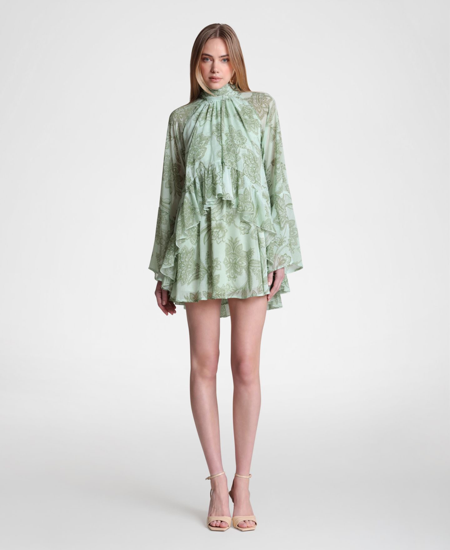Женское платье Avec Les Filles Mock Neck Tiered Ruffle Mini, цвет: Оливковый — фото 1