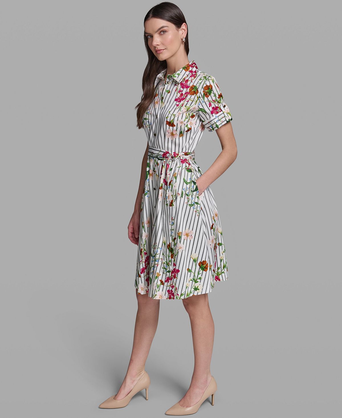 KARL LAGERFELD PARIS Women's Short-Sleeve Striped Shirt-Dress view 3 — MAYCSS fashion products