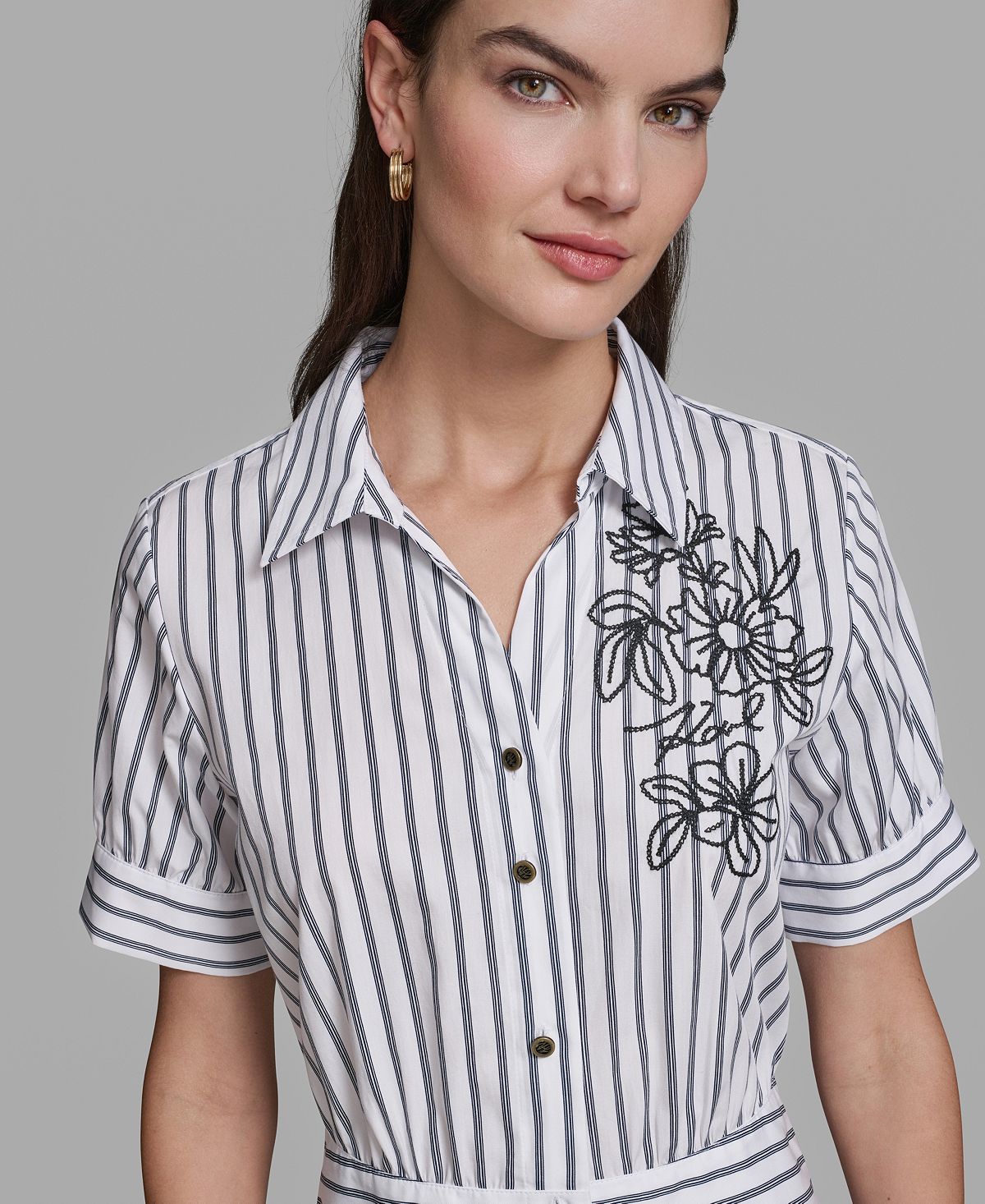 KARL LAGERFELD PARIS Women's Poplin Short-Sleeve Collared Striped Cotton Dress view 5 — MAYCSS fashion products