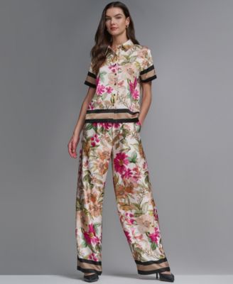 Women's Short-Sleeve Printed Camp Shirt and Soft Floral Print Pull-On Pants