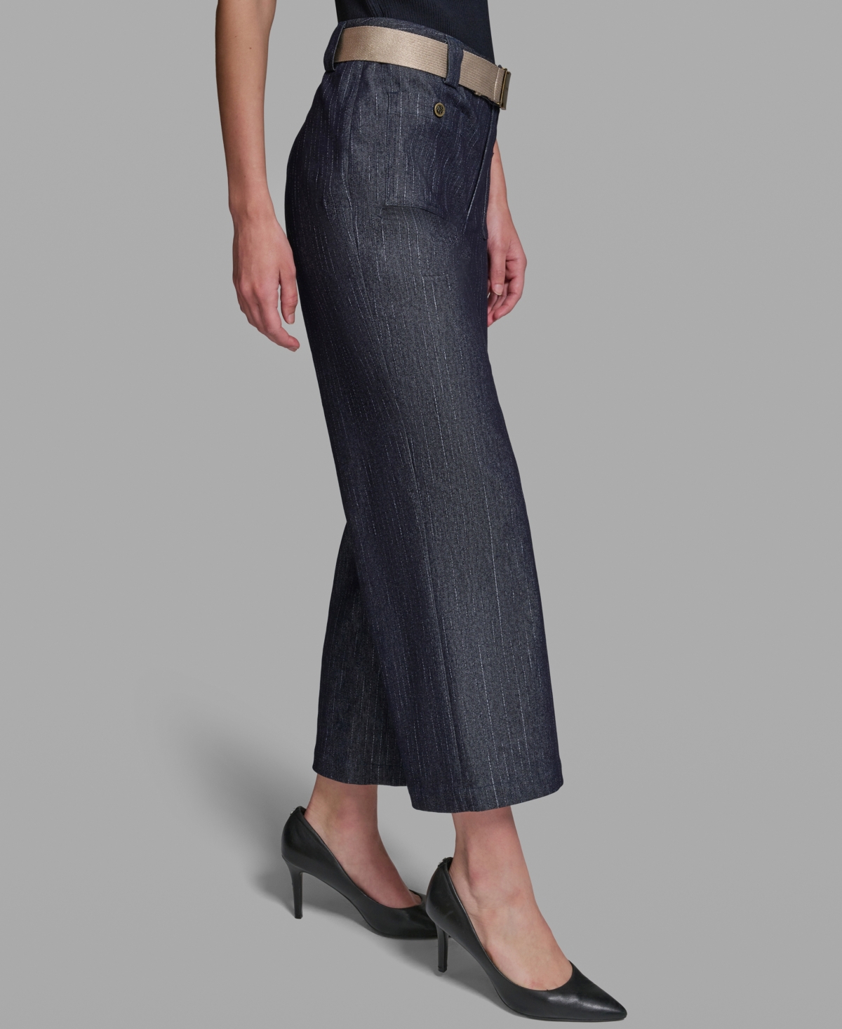Karl Lagerfeld Paris Women's Pinstripe Mid-Rise Belted Crop Pants
