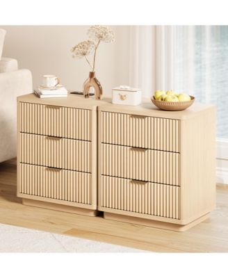 Set of 2 Modern Nightstands, 3-Drawer Light Wood Bedside with Power Outlet and Metal Handles, Storage End Tables Space Saving