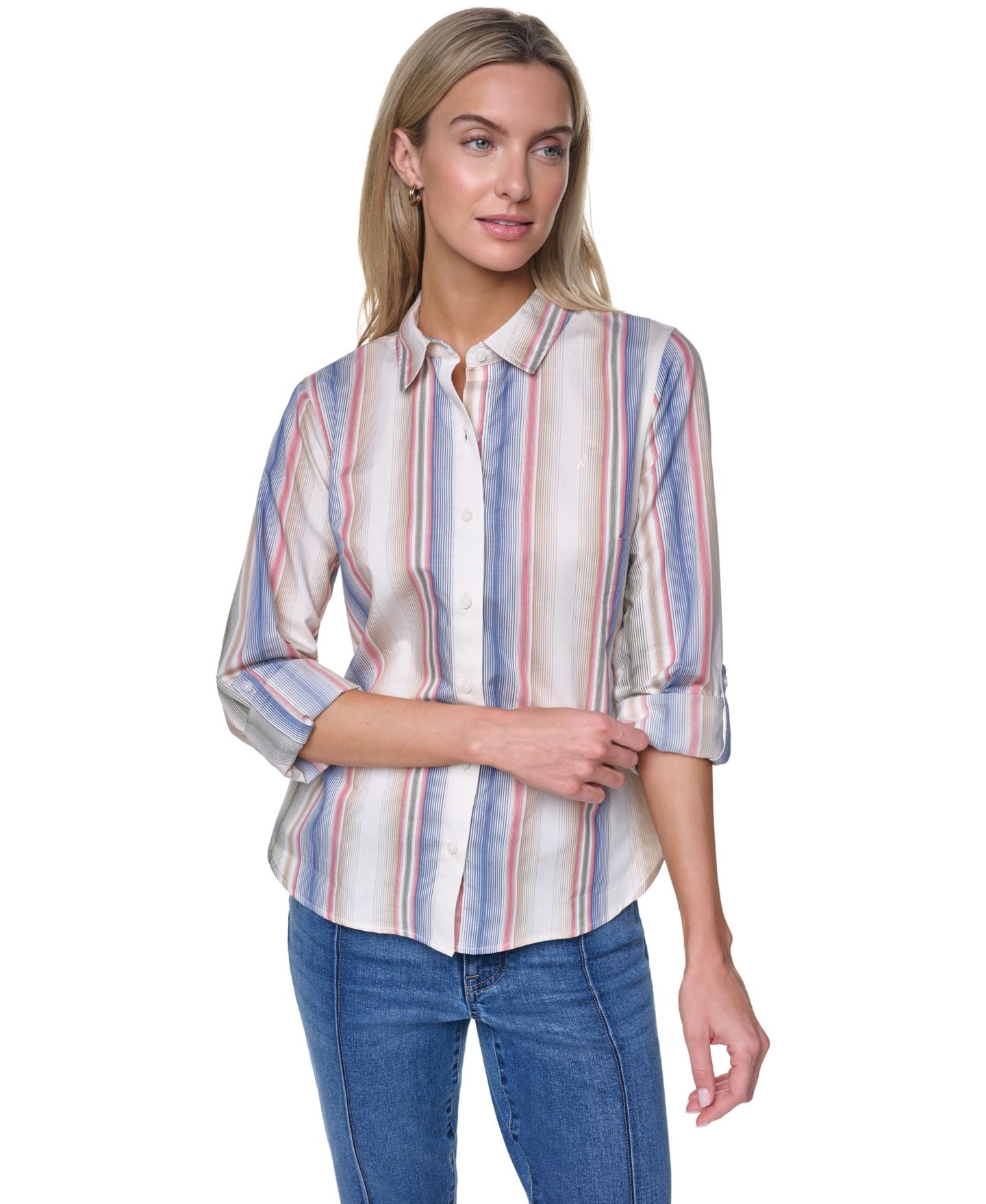 Женская рубашка Nautica Cotton-Blend Roll-Tab Button-Front, цвет: Разноцветный — фото 4
