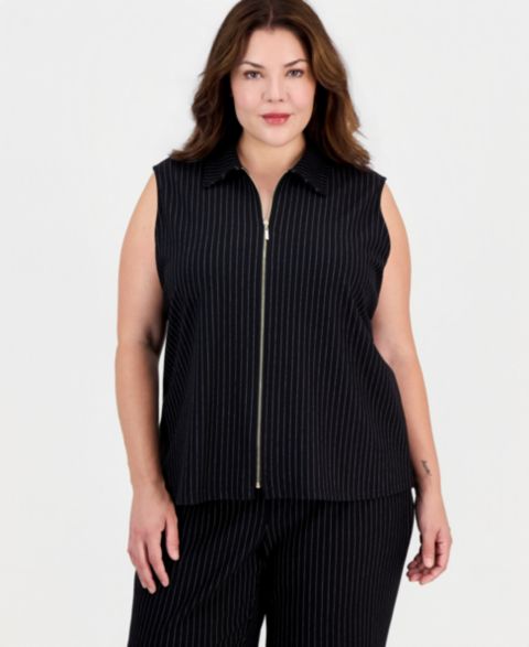 Женская блузка Anne Klein Plus Size Mock-Neck Front-Zip Pinstripe Blouse, цвет: Чёрный