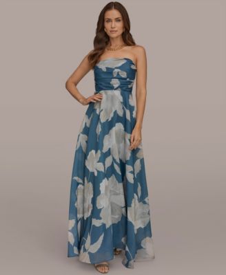 donna karan maxi dress Donna Karan Women's Organza Strapless Floral Pleated Gown Dress in Washed Indigo/Cream Multi Blue, Size 12