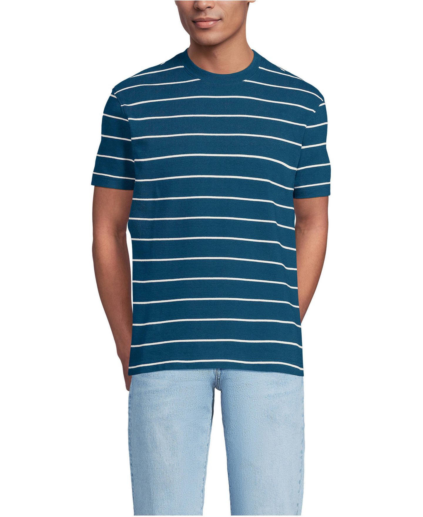 Мужская футболка Lands' End Short Sleeve Knit Terry, цвет: Бирюзовый / Слоновая кость латте полосатый — фото 1