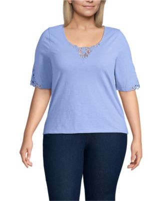 Plus Size Elbow Sleeve Slub Lace Trim T-Shirt