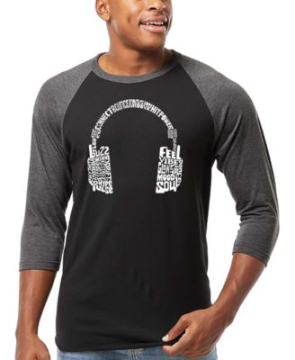 LA Pop Art - Men's Headphones Word Art Raglan-Sleeve T-Shirt Black/Gray