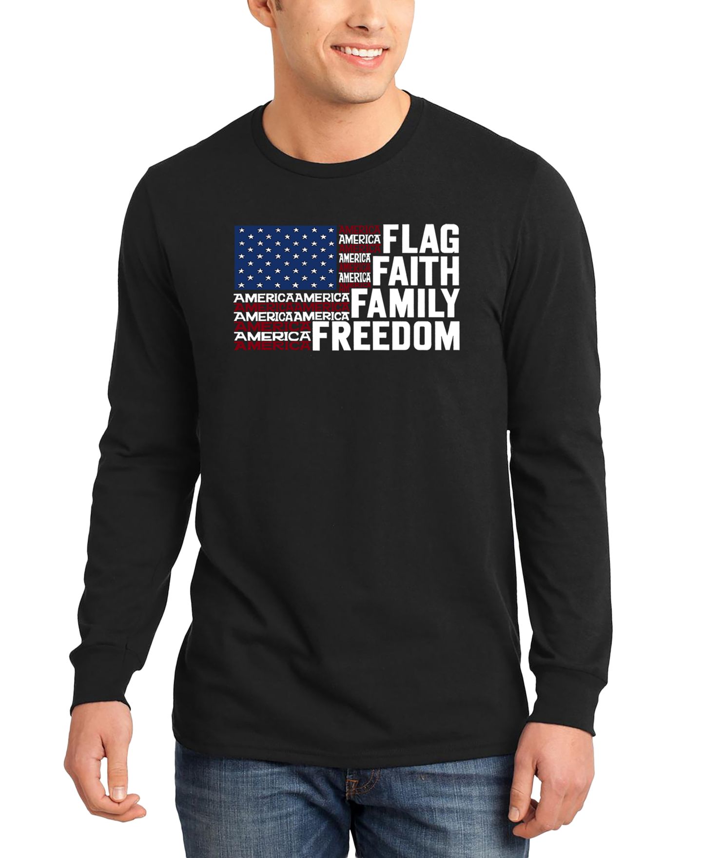 Мужская футболка LA Pop Art Flag Faith Family Freedom American Flag Word Art Long-Sleeve, цвет: Чёрный — фото 1